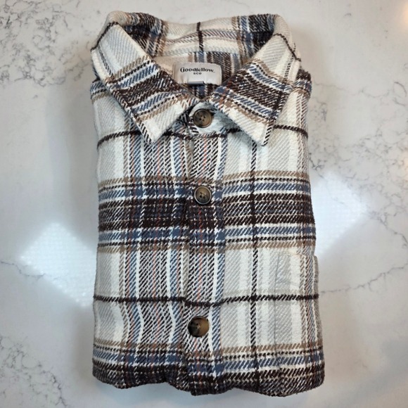 Goodfellow & Co Plaid Shirt Jacket Men's XXL Cream Brown Blue Cotton Shacket - Picture 6 of 6